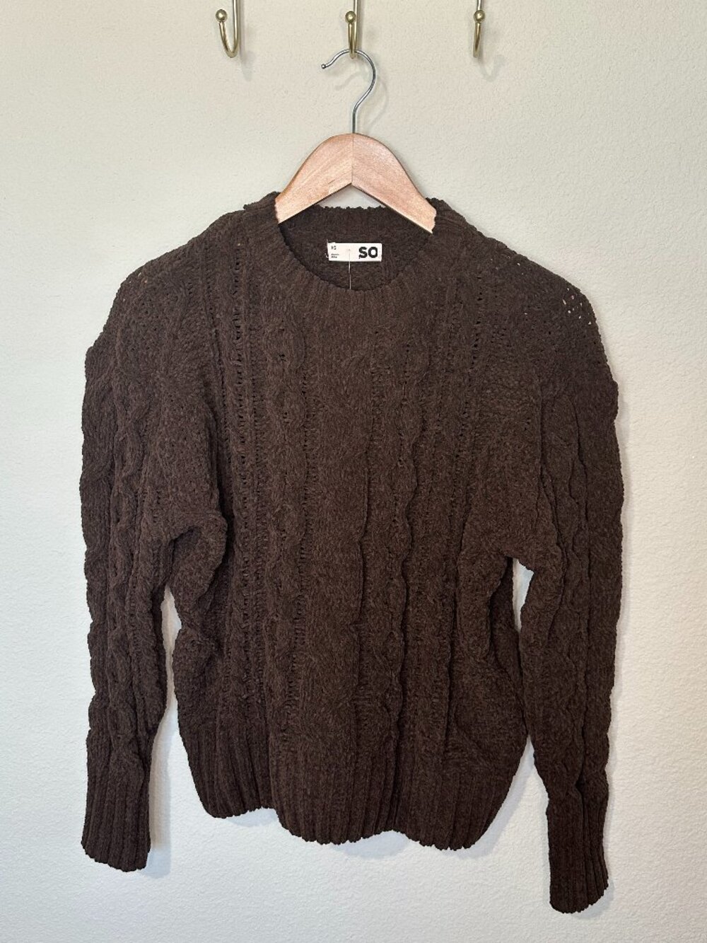 NWT SO Chocolate Brown Cable Knit Sweater XS Cozy Cottagecore
